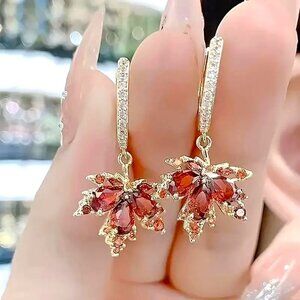 Earrings Maple Leaf Fall Harvest Dangle Leaves Gold Rhinestones Minimalist Glam